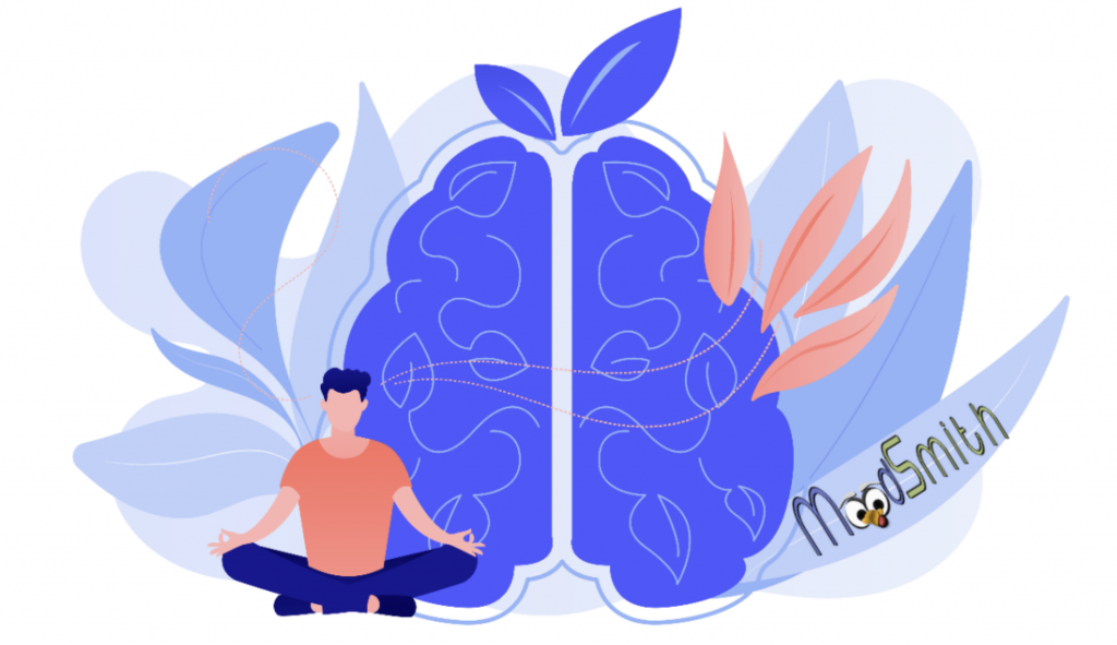 man meditating in front of cartoon brain