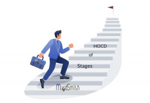 man walking up steps with stages of HOCD written on steps