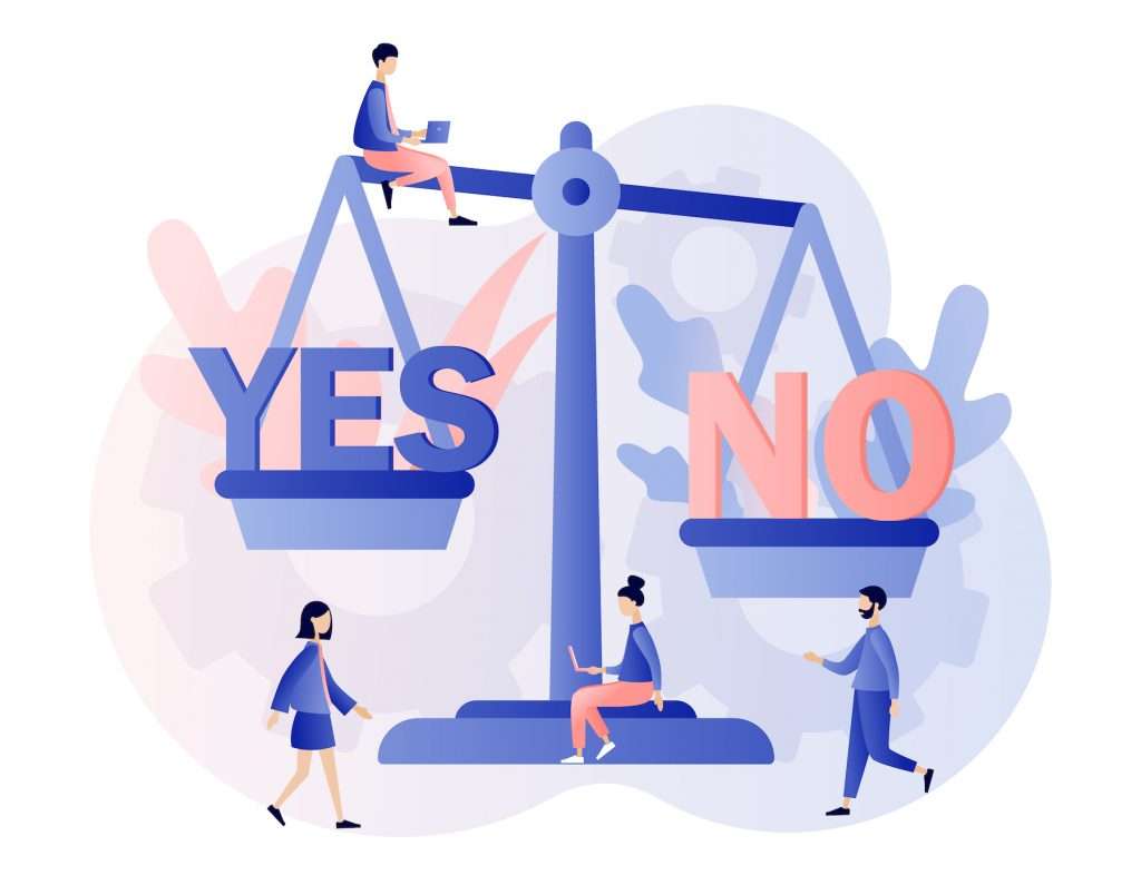 cognitive bias image shows people standing on scales making a decision