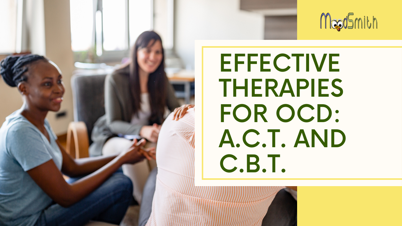 therapy group with Moodsmith logo and words ACT and CBT for OCD