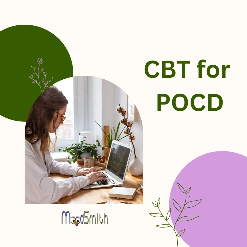 image of therapist with words CBT for POCD and Moodsmith logo